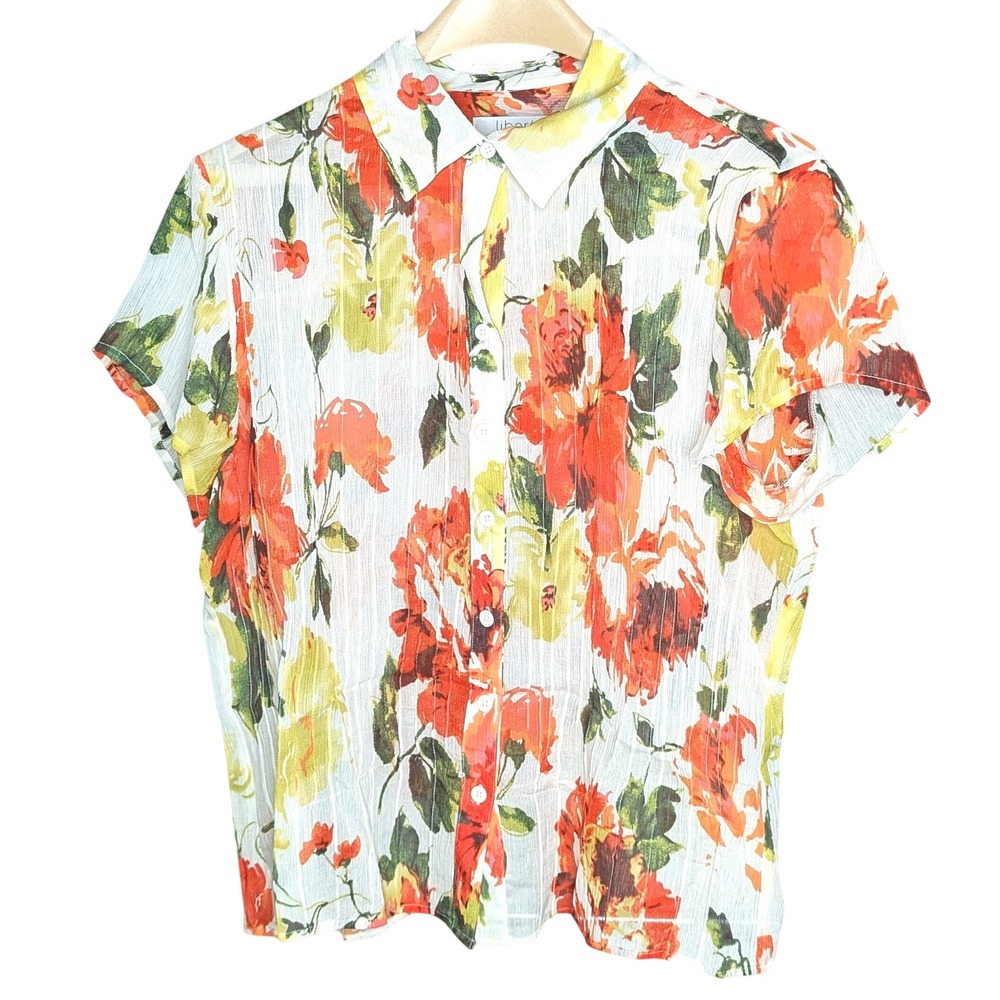 Liberté by Emanuel White Floral Silk Cotton Short Sleeve Button Front Shirt 16